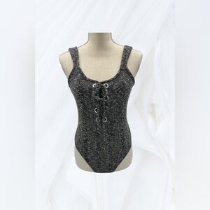 Express Heather Gray Grommet Lace Up Tank Bodysuit - Petite M